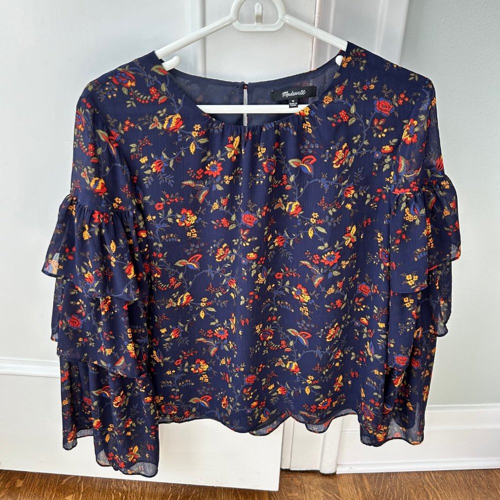 Madewell Navy Blue Ruffle-Sleeve Floral Top M